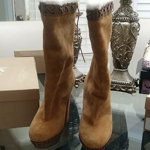 Louboutin Step N Roll tan suede booties boots